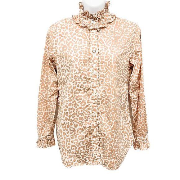 J. Crew Classic Fit Ruffle High Neck Button Up Shirt Popover Leopard Print Top - Picture 3 of 9